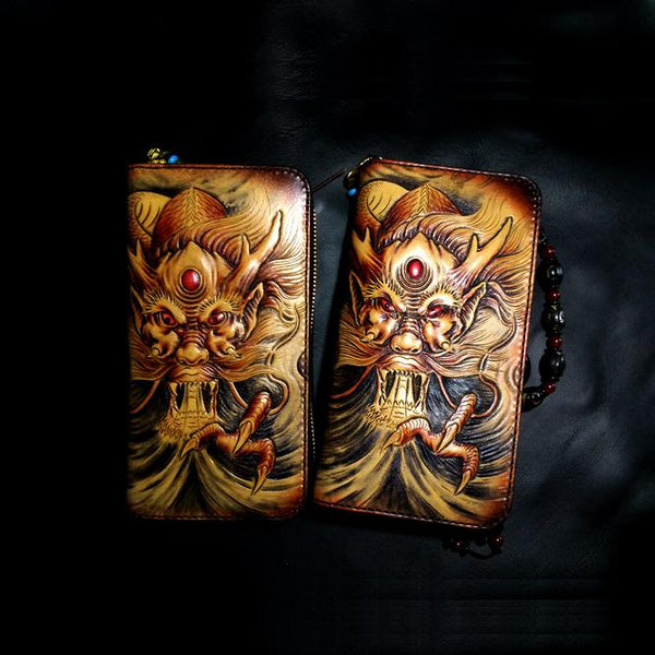 Handmade Leather Chinese Dragon Zipper Mens Long Wallet Clutch Cool Leather Wallet Long Tooled Wallets for Men