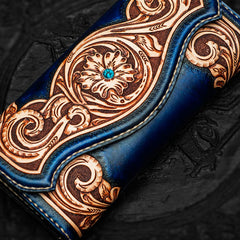 Handmade Leather Men Tooled Blue Floral Cool Leather Wallet Long Phone Clutch Wallets for Men
