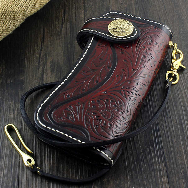 Handmade Tooled Leather Men's Biker Wallet Motorcycle Wallet Long Wallet with Chain For Men - iwalletsmen