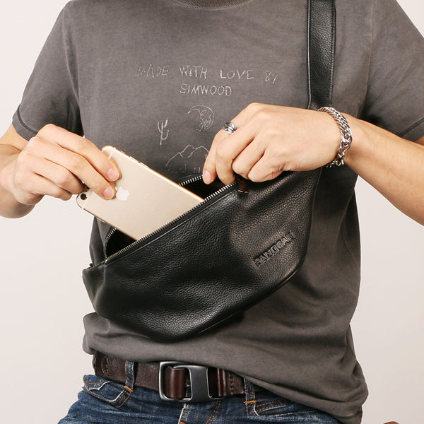 Mens Black Leather Fanny Pack Mens Waist Bag Black Leather Hip Pack Belt Bag For Men