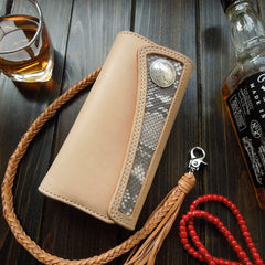 Handmade Leather Biker Wallet Boa Skin Trifold Mens Cool Chain Wallet Trucker Wallet with Chain