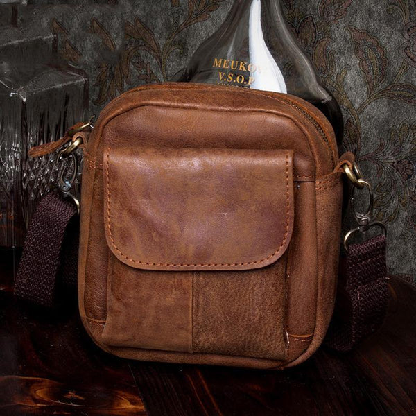 Khaki Leather Mens Cool Mini Messenger Bag Courier Bag Belt Pouch Waist Bag for men - iwalletsmen