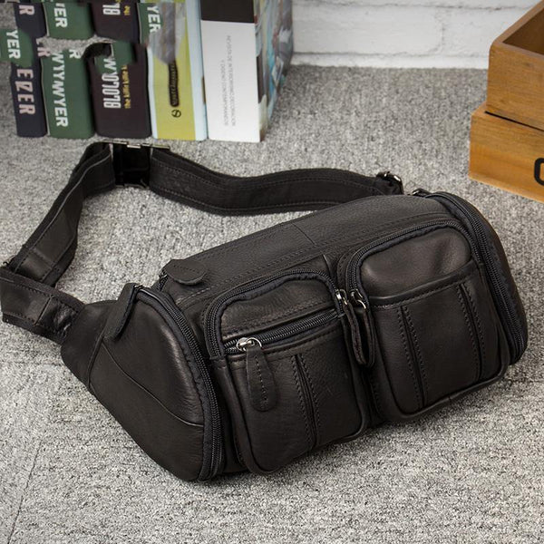 Black Leather Mens Cool Barrel Fanny Pack Hip Pack Bum Bag for men - iwalletsmen