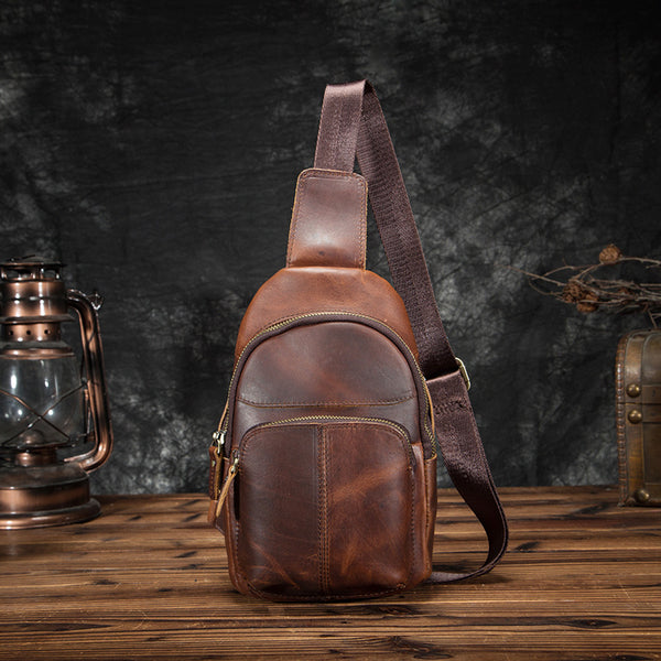 Cool Vintage Leather Mens Sling Bag Chest Bag Vintage One Shoulder Backpack For Men - iwalletsmen