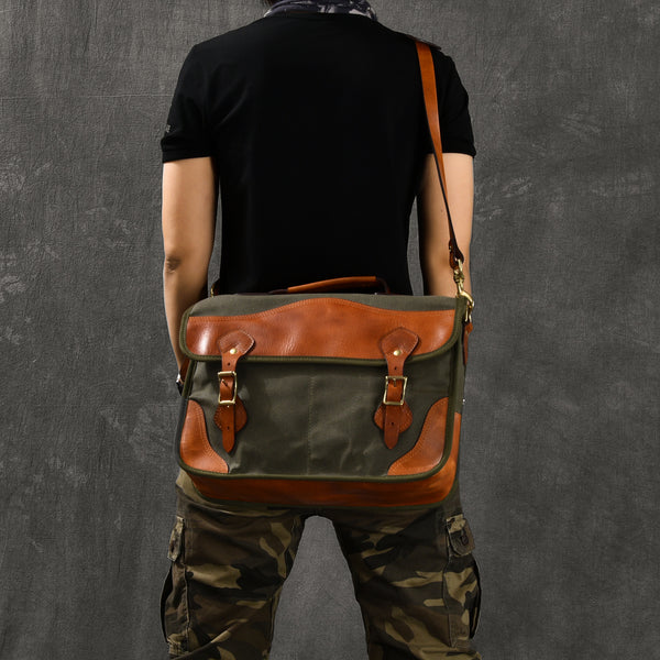 Canvas Leather Mens 14‘’ Army Green Briefcase Side Bag Retro Messenger Bag Shoulder Bag For Men - iwalletsmen