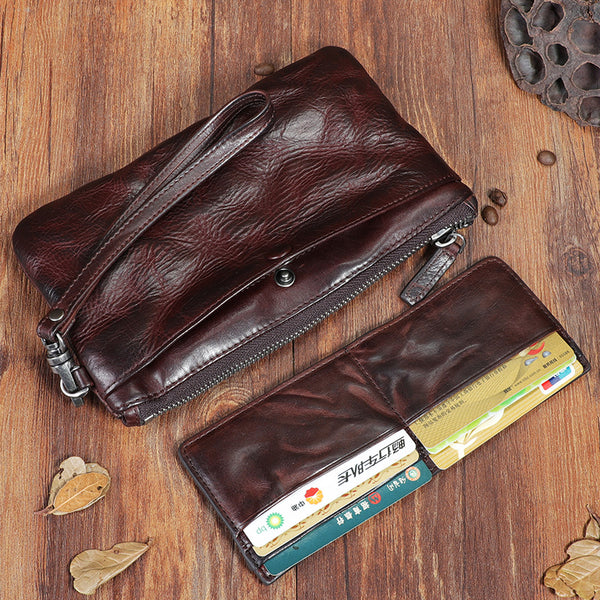 Handmade Wrinkled Leather Mens Brown Cool Long Wristlet Wallet Black Clutch Wallet for Men - iwalletsmen