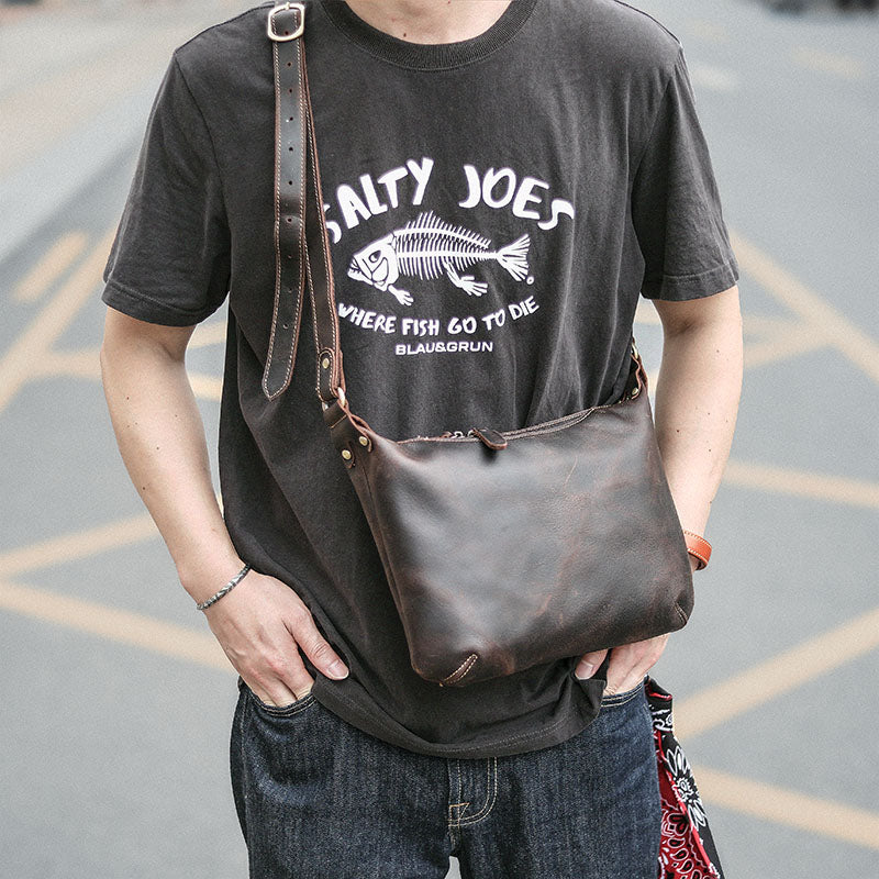Dark Brown Leather Mens Casual 10" Courier Bags Messenger Bag Small Brown Postman Bags For Men - iwalletsmen