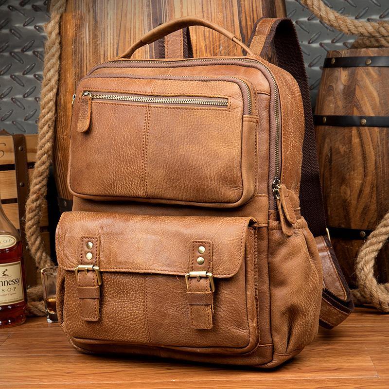 Casual Brown Leather Mens 14 inches Travel School Backpacks Computer Backpack for Men - iwalletsmen
