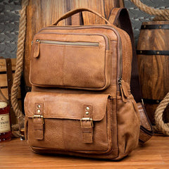 Casual Brown Leather Mens 14 inches Travel School Backpacks Computer Backpack for Men - iwalletsmen
