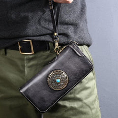 Handmade Black Leather Mens Long Leather Green Wallet Zipper Yellow Clutch Wallet for Men - iwalletsmen