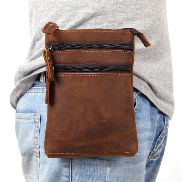 Vintage Leather Men's Belt Pouch Cell Phone Holster Brown Mini Side Bag For Men - iwalletsmen