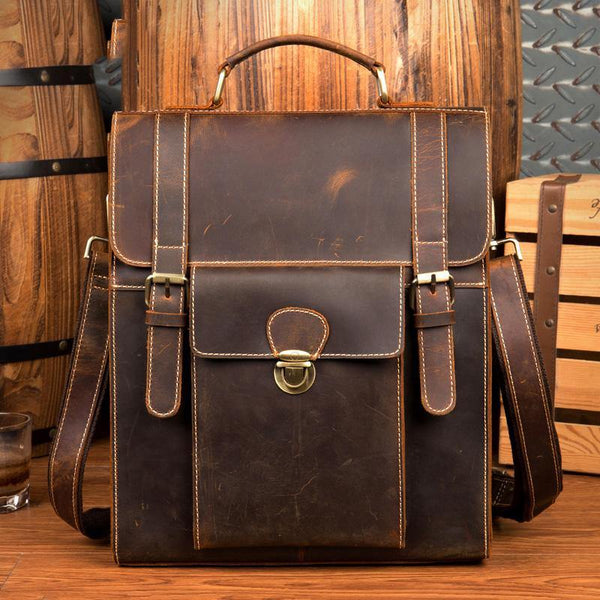 Casual Brown Leather Mens 14 inches School Backpacks Shoulder Briefcase Computer Backpack for Men - iwalletsmen