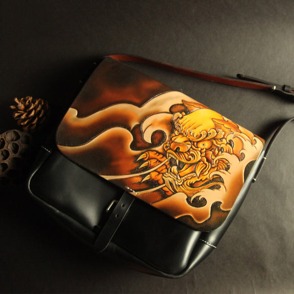 Handmade Black Tooled Chinese Lion Leather Courier Bag Messenger Bag For Men - iwalletsmen