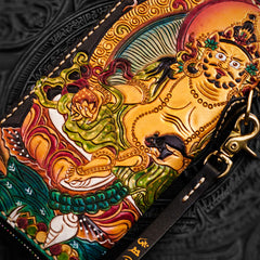 Handmade Leather Tooled Yellow Jambhala Mens Chain Biker Wallet Cool Leather Wallet Zipper Long Phone Wallets for Men