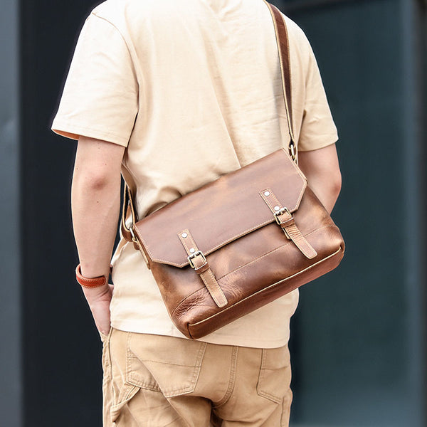 Cool Brown Leather Mens Small Courier Bags Vintage Brown Messenger Bag Postman Bag For Men - iwalletsmen