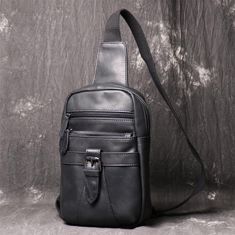 Black Leather Sling Backpack Sling Bag Chest Bag One shoulder Backpack Black Sling Pack For Men - iwalletsmen