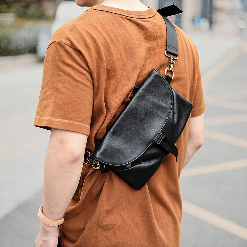 Black Leather Mens Small Courier Bag Chest Bag Messenger Bags Black Sling Bag For Men - iwalletsmen