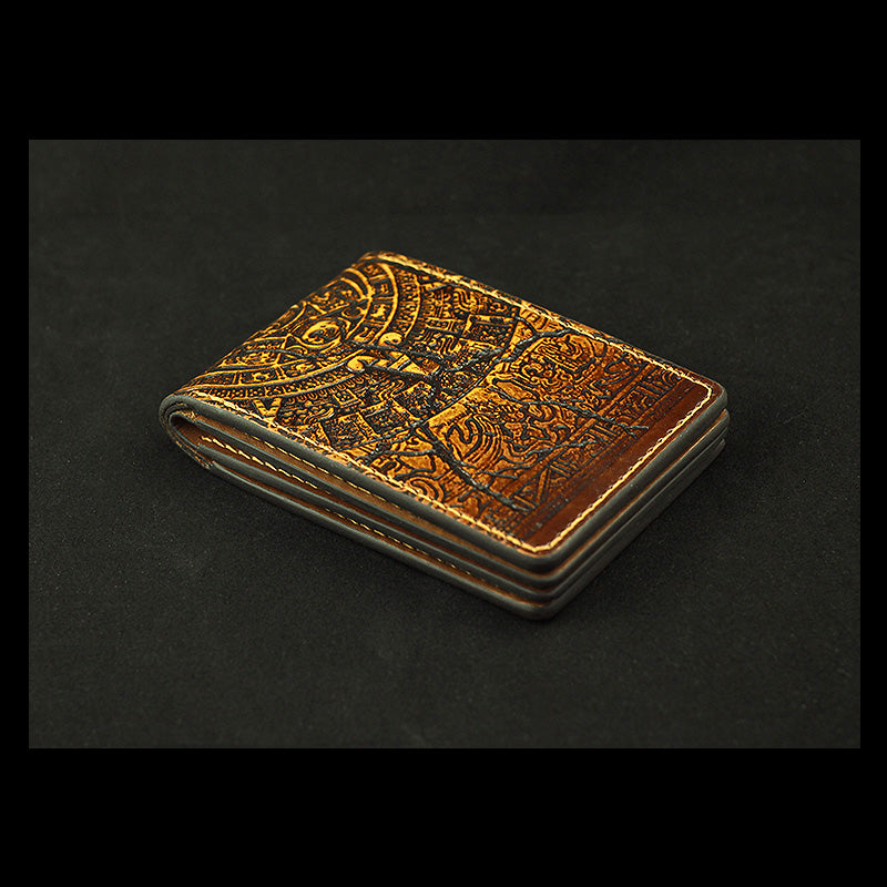 Handmade Leather Tooled Xiuhpohualli Calendar License Wallet Mens Card billfold Wallet Cool Leather Wallet Slim Wallet for Men