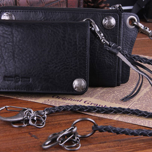 Genuine Leather Mens Cool Biker Chain Wallet Long Leather Wallet Slim Clutch Wristlet Wallet for Men