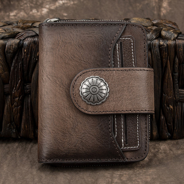 Brown Small Bifold Wallet Leather Womens billfold Small Wallet Zipper Red Card Wallet For Men - iwalletsmen