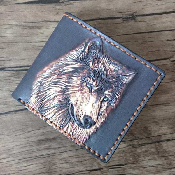 Handmade Wolf Black Tooled Leather billfold Wallet Small Wallet Cool Wallet For Men - iwalletsmen