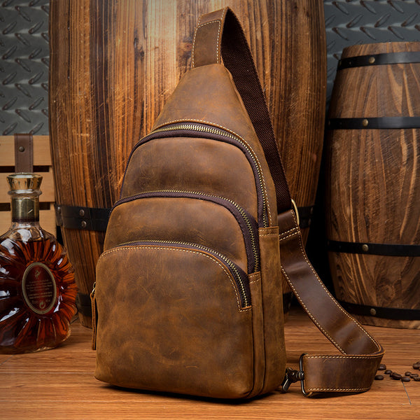 Casual Brown Leather Mens Sling Pack Sling Bags Chest Bag One Shoulder Backpack for Men - iwalletsmen