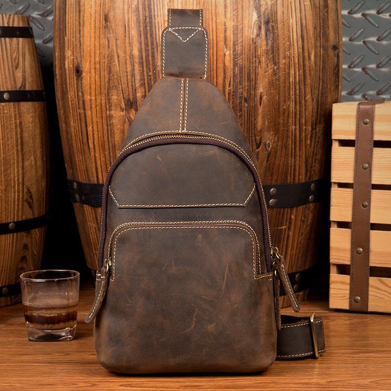 Cool Dark Brown Leather Mens Sling Bags Crossbody Pack One Shoulder Backpack Chest Bag for men - iwalletsmen