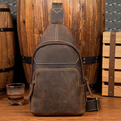 Cool Dark Brown Leather Mens Sling Bags Crossbody Pack One Shoulder Backpack Chest Bag for men - iwalletsmen