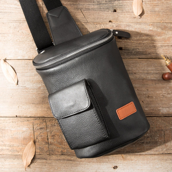 Badass Black Leather Men's Barrel Sling Bag Chest Bag Black Sling Pack One shoulder Backpack Waist Bag For Men - iwalletsmen