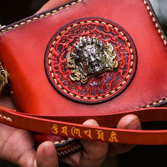 Handmade Leather Small Tooled Mens billfold Wallet Cool Chain Wallet Biker Wallet for Men