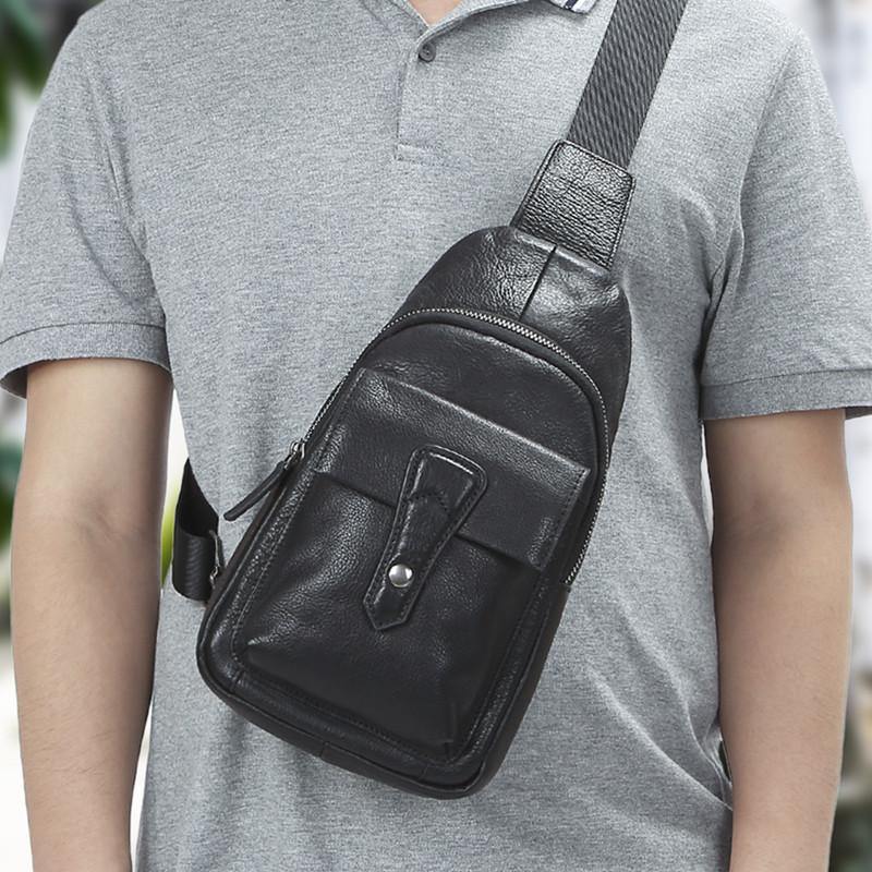 Black Mens Leather Sling Bag Chest Bag One shoulder Black Backpack Sports Bag For Men - iwalletsmen