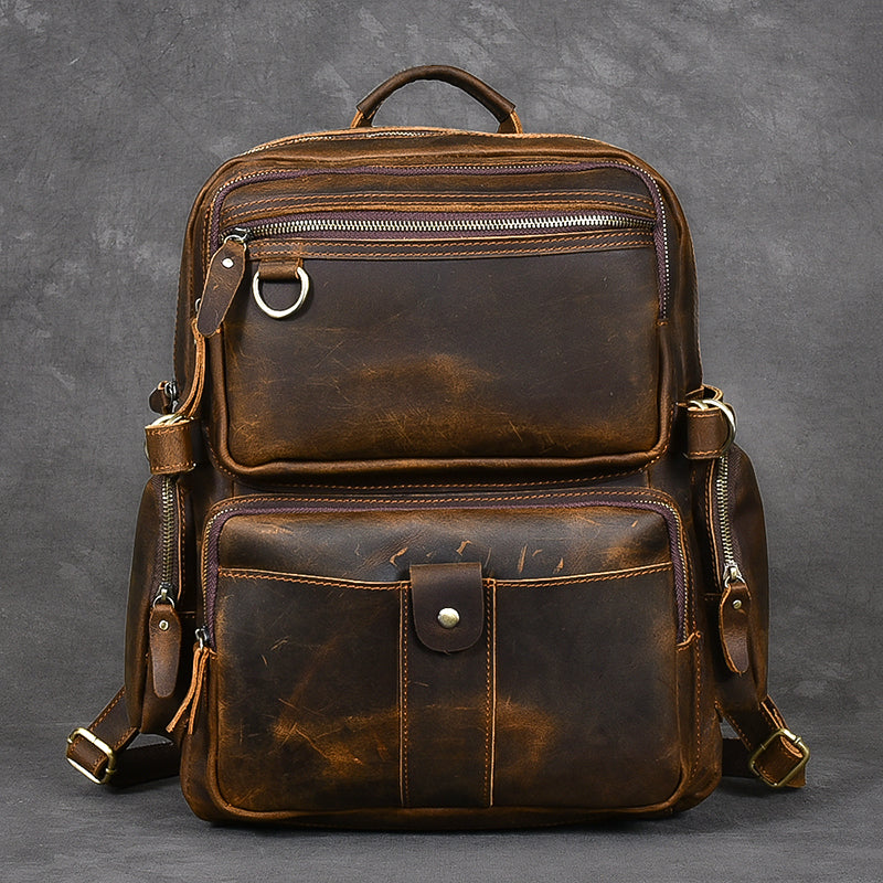 Brown Leather Mens 14" Laptop Hiking Backpack Travel Backpack College Backpack for Men - iwalletsmen