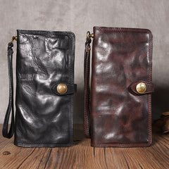 Cool Black Leather Mens Long Wallet Biker Wallet Chain Wallet Coffee Wristlet Clutch Wallet for Men - iwalletsmen
