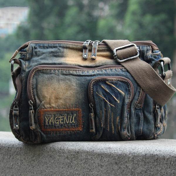 Vintage Denim Blue Mens Casual Side Bag Messenger Bag Jean Blue Postman Bags Courier Bag For Men - iwalletsmen