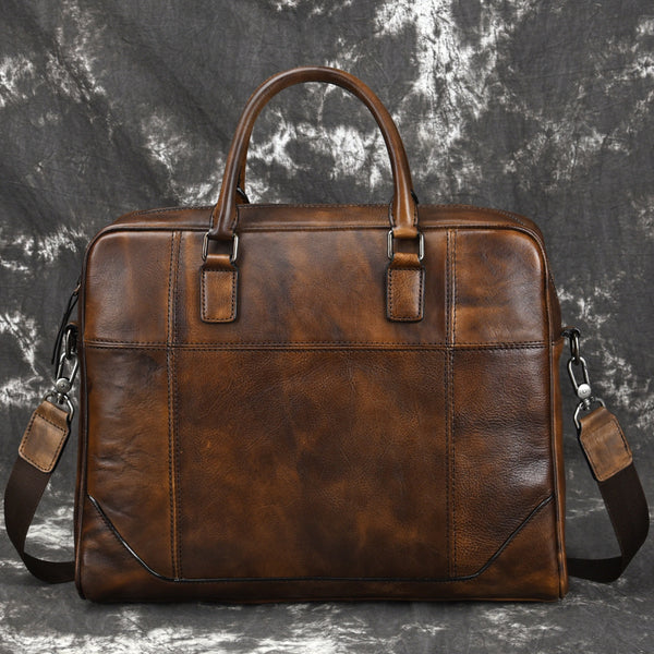 Vintage Leather Mens Briefcase Postman Bag 14inch Laptop Bag Handbag Work Bag For Men - iwalletsmen