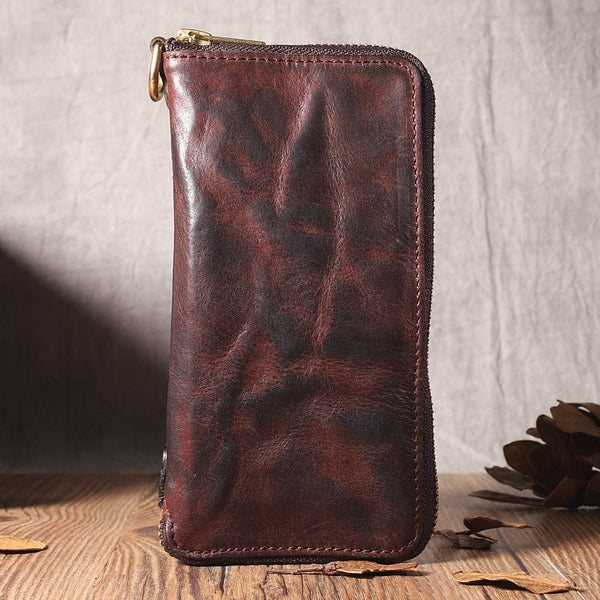 Handmade Leather Mens Long Chain Wallet Bifold Biker Wallet Zipper Clutch Wallet for Men - iwalletsmen