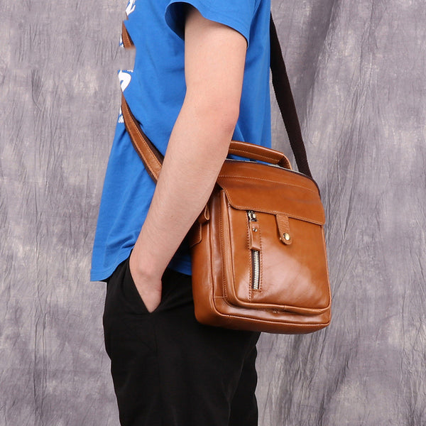 Fashion Brown Leather Men's Small Vertical Courier Bag Messenger Bag Side Bag For Men - iwalletsmen