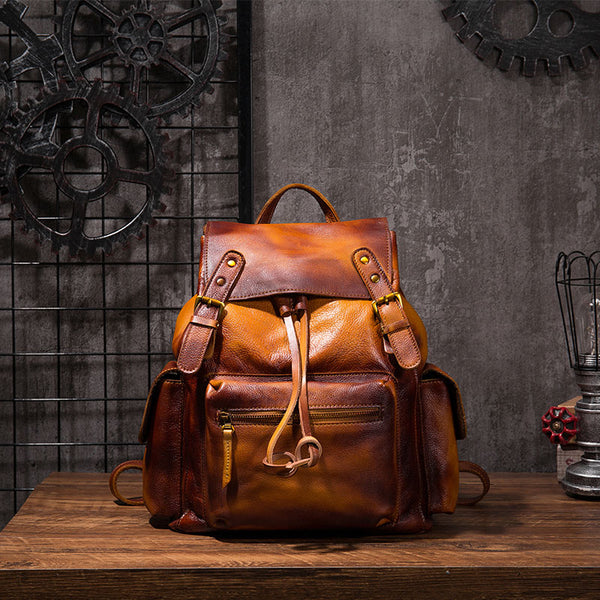 Vintage Mens Leather School Backpack Travel Backpack Leather Hiking Backpack for Men - iwalletsmen
