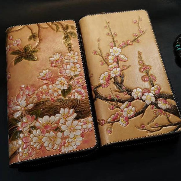 Brown Leather Women Cherry Blossom Tree Biker Wallet Handmade Tooled Zipper Long Wallets For Men - iwalletsmen