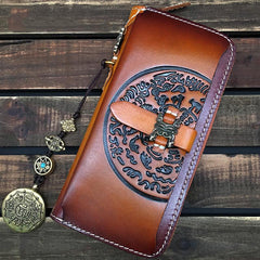 Brown Handmade Tibet Tooled Leather Long Biker Wallet Black Chain Wallet Clutch Wallet For Men - iwalletsmen