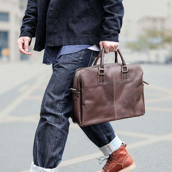 Vintage Brown Mens Leather Briefcase Work Handbag Dark Coffee 14'' Computer Briefcase For Men - iwalletsmen