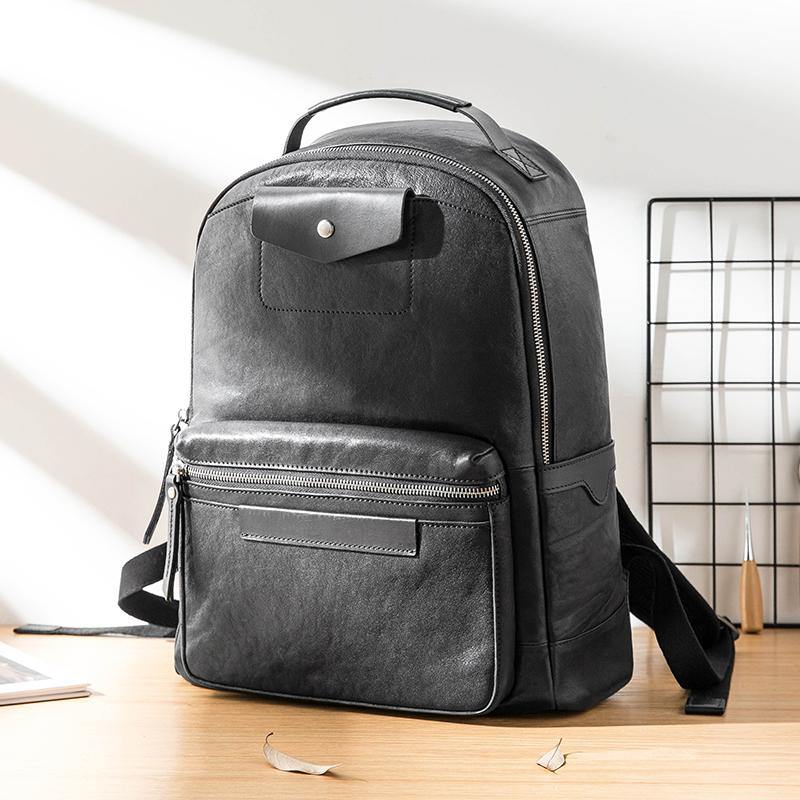 Black Fashion Mens Leather 15-inch Computer Backpacks Travel Backpacks Black College Backpack for men - iwalletsmen