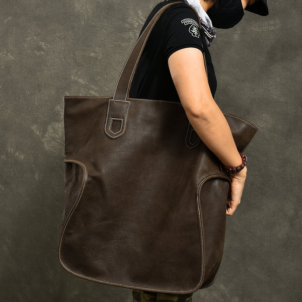 Leather Mens Womens 16" Tote Shoulder Bag Large Black Tote Bag Side Bag For Men - iwalletsmen