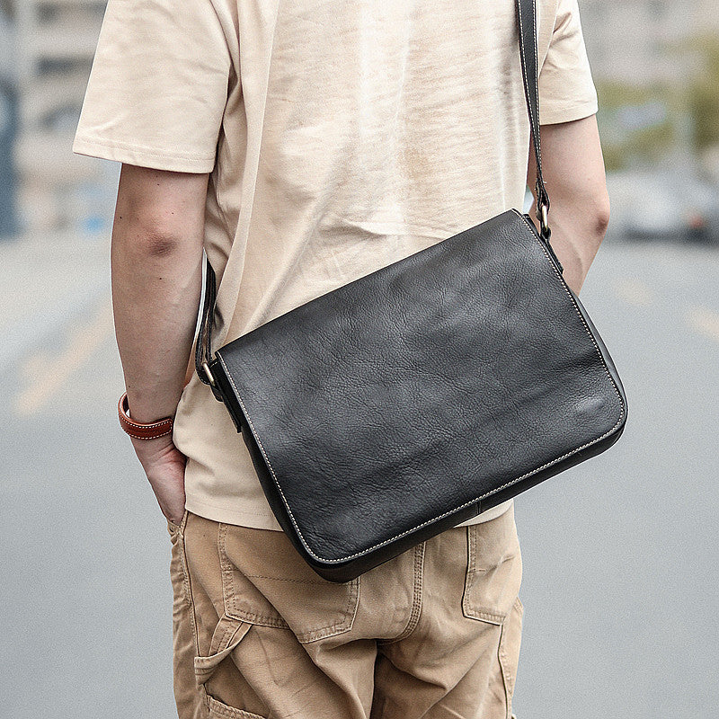 Casual Black Leather Mens 11 inches Courier Bags Messenger Bag Vintage –  iwalletsmen