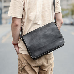 Casual Black Leather Mens 11 inches Courier Bags Messenger Bag Vintage Brown Postman Bags For Men - iwalletsmen