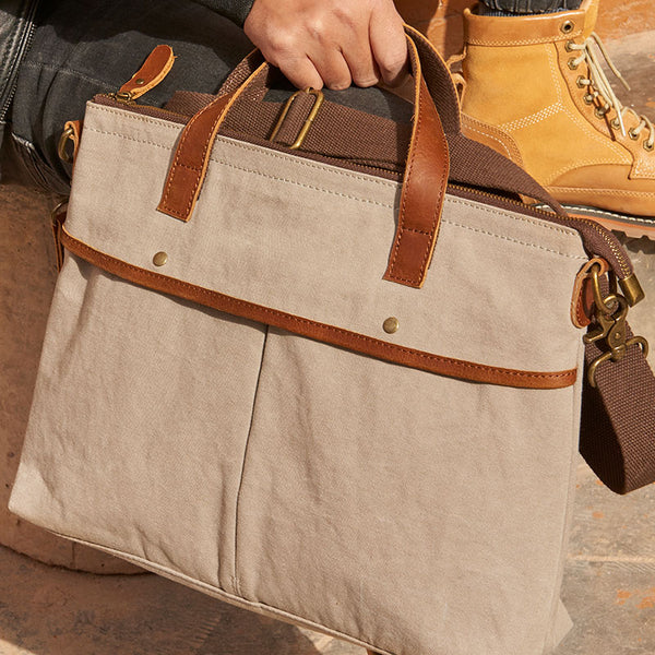 Mens Gray Canvas 14inch Briefcase Handbag Work Bag Business Bag for Men - iwalletsmen