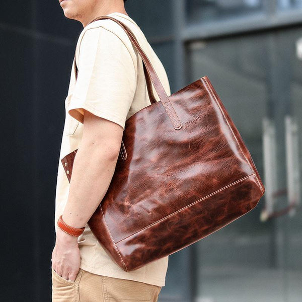Vintage Brown Leather Men Womens Tote 15 inches Amber Brown Tote Bag Shoulder Tote Bag For Men - iwalletsmen