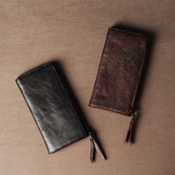 Genuine Leather Mens Cool Long Leather Wallet Cards Phone Zipper Clutch Wristlet Wallet for Men
