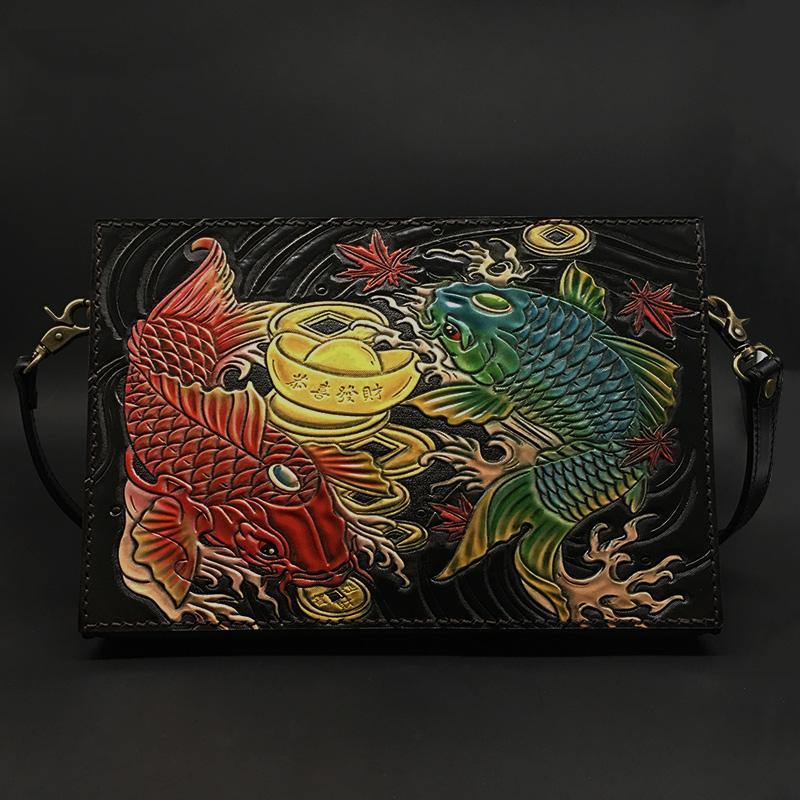 Handmade Black Tooled Double Carp Leather Messenger Bags Side Bag Clutch Wristlet Bag For Men - iwalletsmen