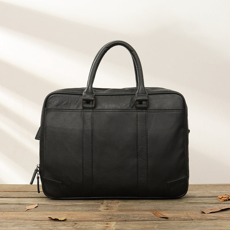 Black Leather Mens 14 inches Briefcase Work Bag Laptop Bag Business Bag for Men - iwalletsmen